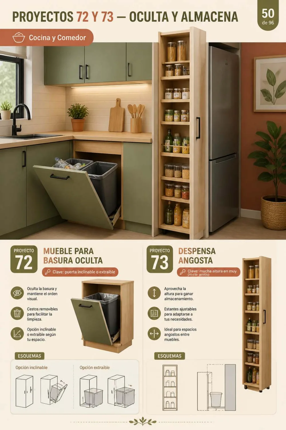 Proyectos 72 y 73 — Mueble para basura oculta y despensa angosta