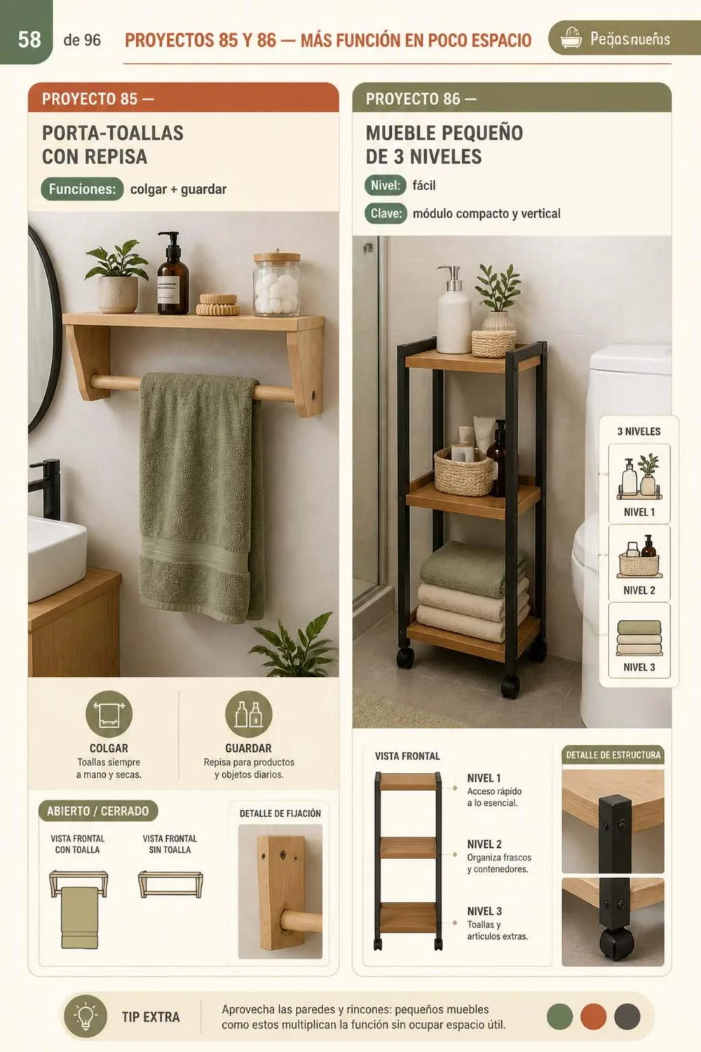 Proyectos 85 y 86 — Porta-toallas con repisa y mueble de 3 niveles para baño