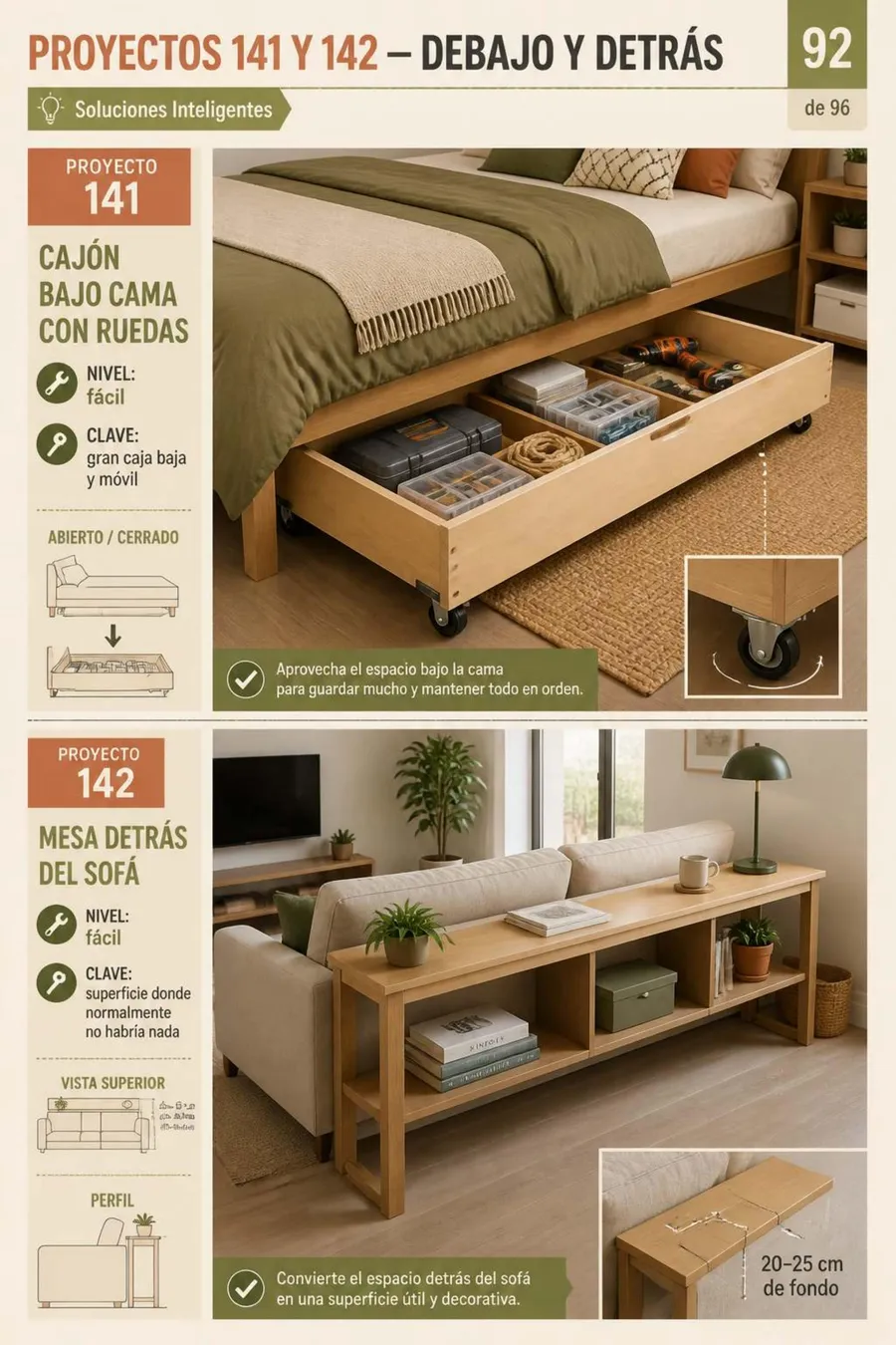 Proyectos 141 y 142 — Cajón bajo cama y mesa detrás del sofá