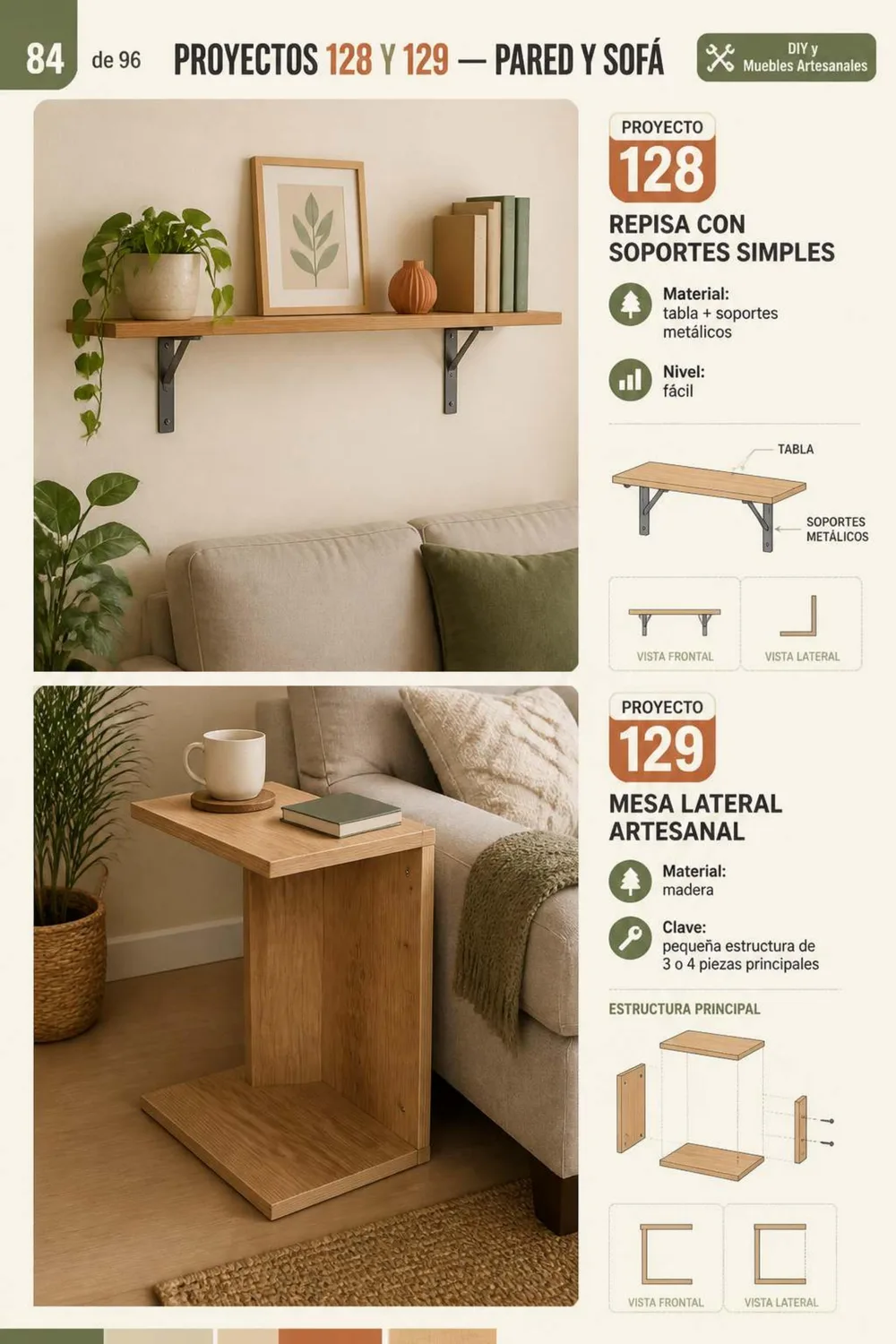 Proyectos 128 y 129 — Repisa con soportes simples y mesa lateral artesanal (DIY)