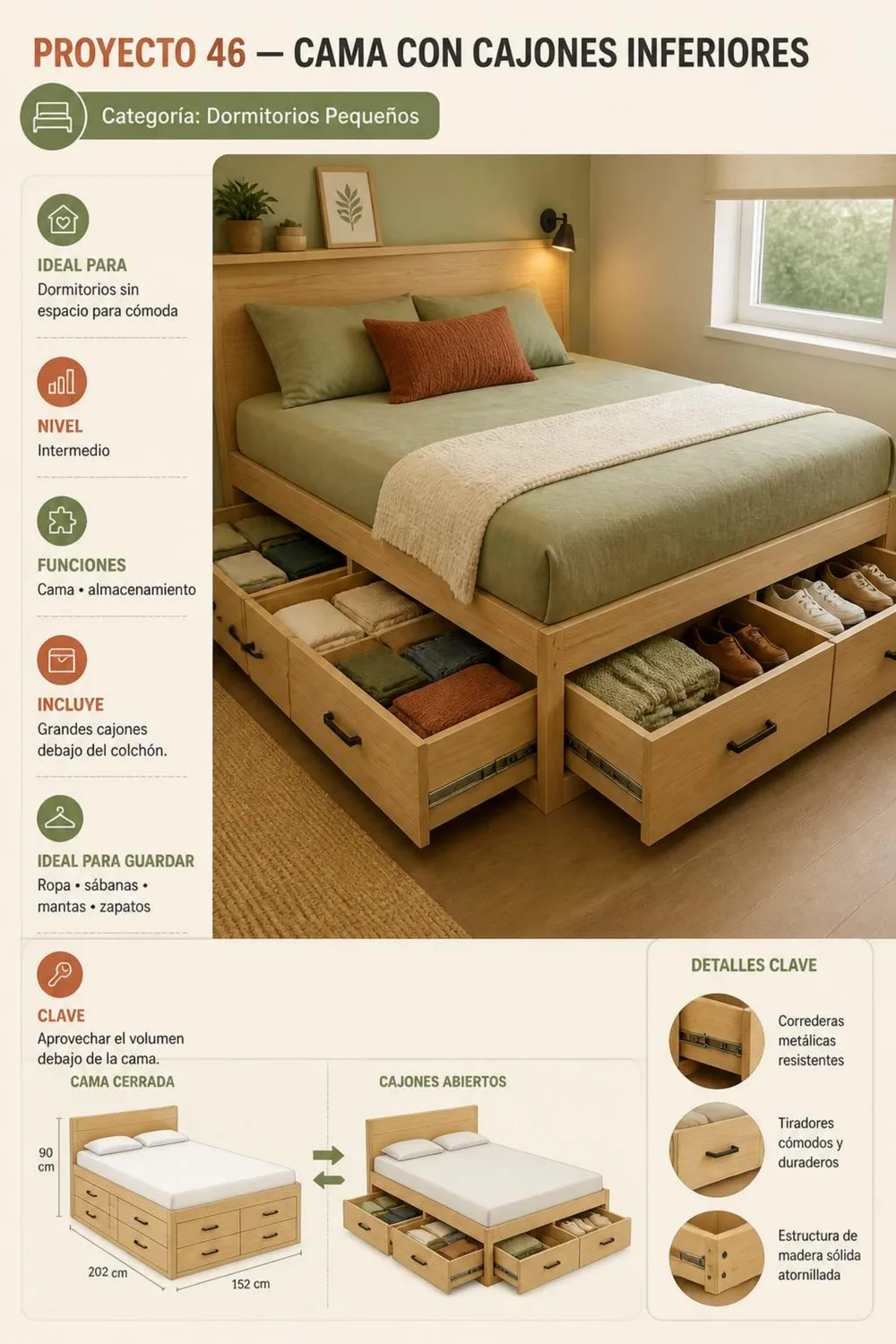 Proyecto 46 — Cama con cajones inferiores para dormitorios pequeños
