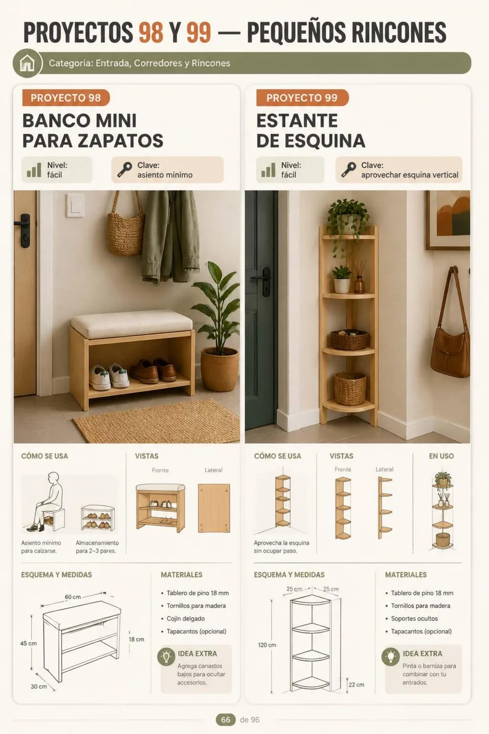 Proyectos 98 y 99 — Banco mini para zapatos y estante de esquina para la entrada