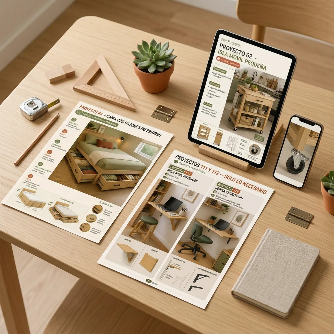 Páginas reales de los 150 proyectos impresas sobre una mesa de madera, junto a una tablet y un celular mostrando otros proyectos